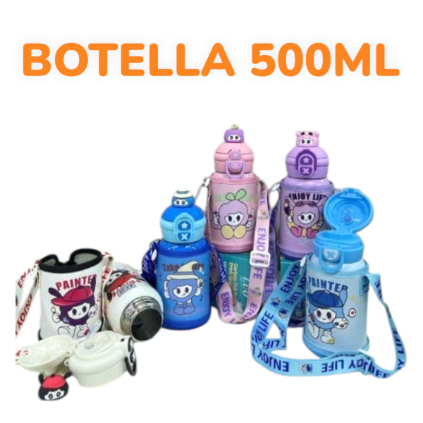 Botella Termica Acero Inoxidable 500ML Con Correa Y Funda Doble Pico LU-4310