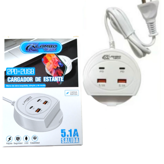 ZAPATILLA ENCHUFE BASE DE CARGA 2TipoC PD+2USB PORTACELULAR 5.1A