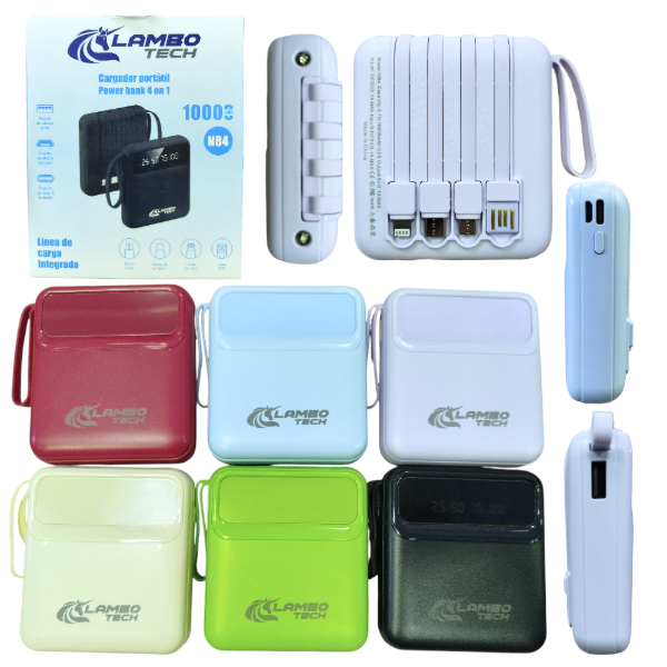 Cargador Portátil Power Bank 10000 mAh Con 4 Cables Y Linterna N84