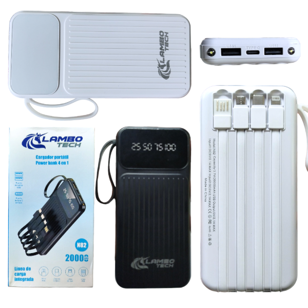 Cargador Portátil Power Bank 20000 mAh Con 4 Cables Y Linterna N82