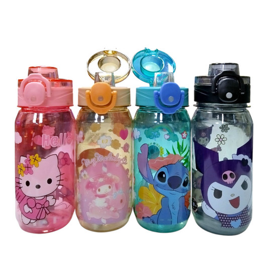 Botella Plástica Infantil 600ML Con Tirita Diseño Kawaii 00770 Rosa Y Amarillo