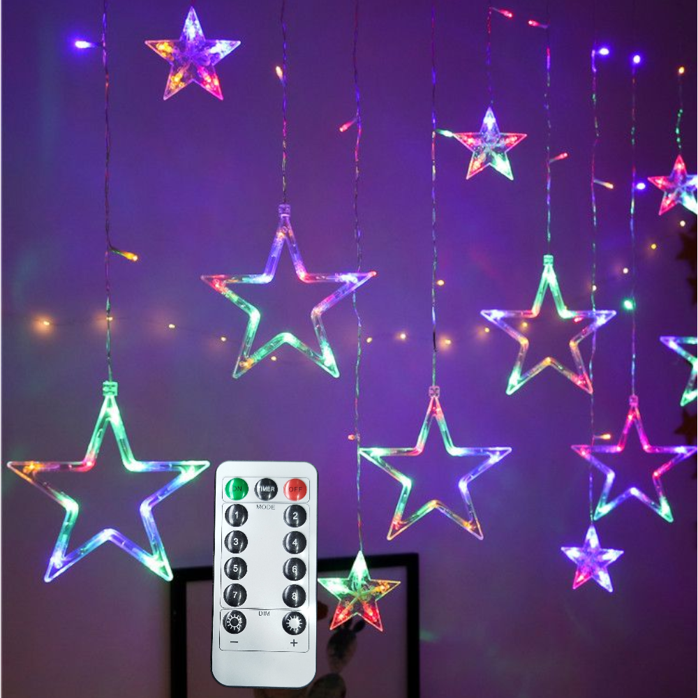 Cortina De Luces Led Calida 12 Tiras Estrellas 3M Con Control Remoto 02013