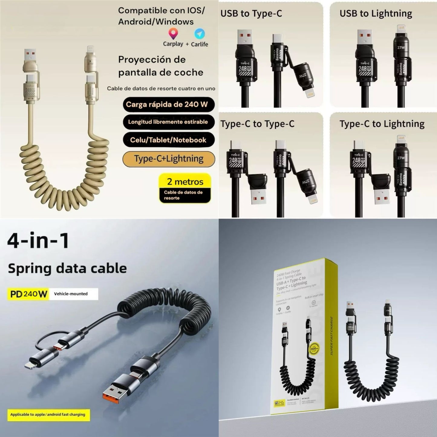 Cable Cargador Reforzado 4 En 1 240w iPhone y Android 2M 0168