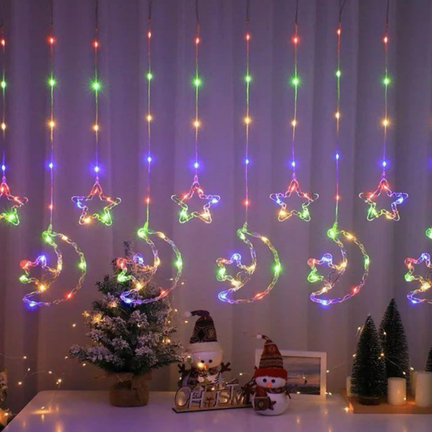 Cortinas De Luces Led Con 5 Estrella Y 5 Luna Multicolor Enchufe 3M*50CM C-91006