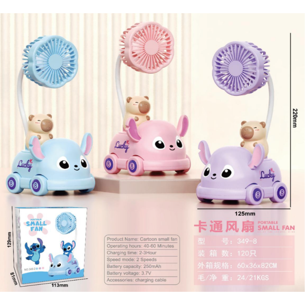 Ventilador Mini Recargable USB Con Muñeco Capibara Stitch Y Ruedas 349