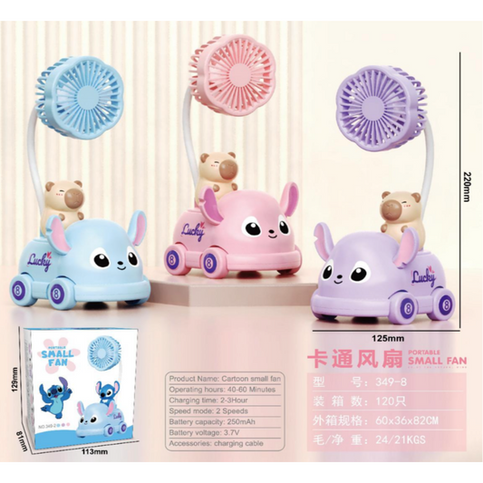 Ventilador Mini Recargable USB Con Muñeco Capibara Stitch Y Ruedas 349