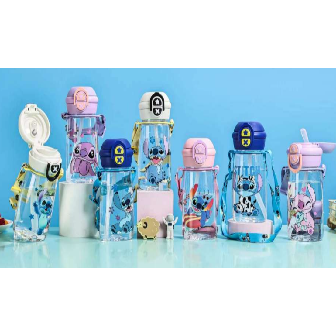 Botella Plástica 500ML Doble Pico Diseño Stitch Con Tirita C-96