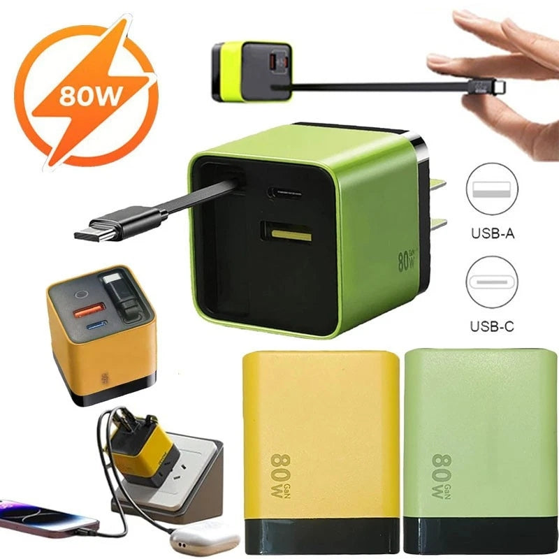 Cargador Con Cable Retráctil 3 en 1 80W C y 2 Puertos USB 31802