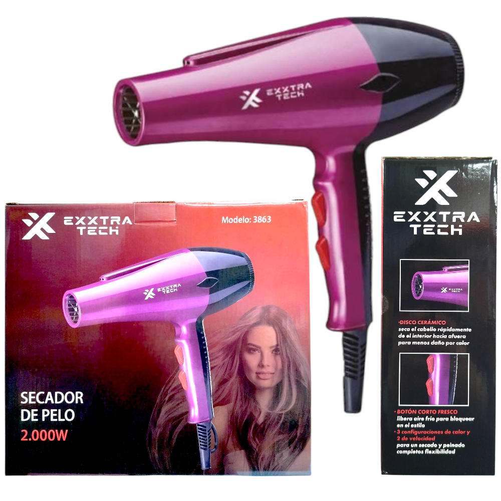 Secador De Pelo Enchufe 2000W 3+2 Ajustes Exxtra Tech 3863