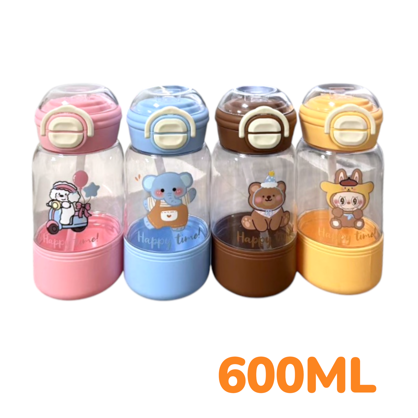 Botella Plástica Diseño Infantil 600ML Doble Tapa y Sorbete ER089