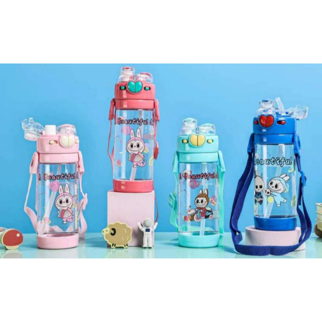 Botella Plástica 500ML Doble Pico Diseño Labubu Con Tirita C-99
