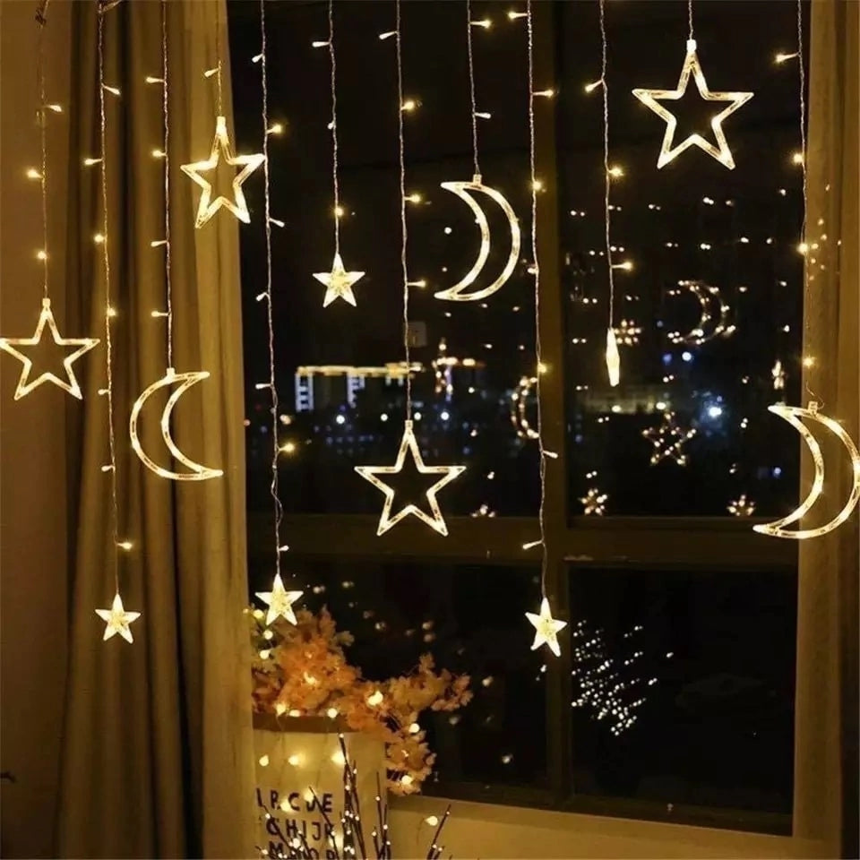 Cortinas De Luces Led Con 6 Estrella Y 6 Luna Cálida Enchufe 3M*50CM C-91012