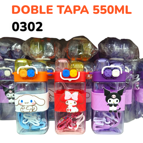 Botella De Plástica Doble Tapa Con Sorbete Y Tira 550ML Infantil B550