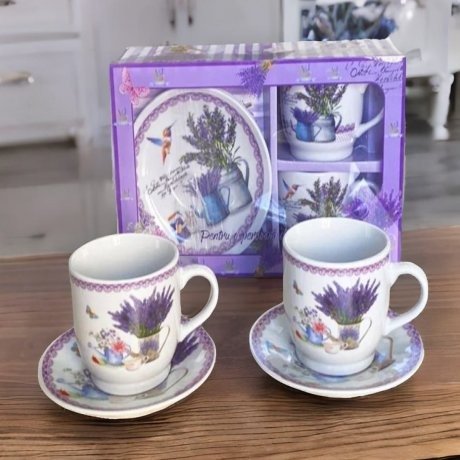 Cajita Set De 2 Tazas 6CM Y 2 Bases Diseño Lavanda