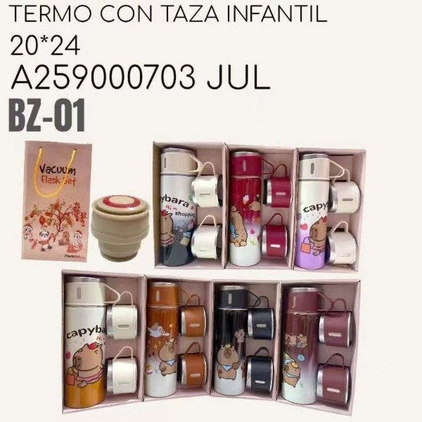 Set De Termo Térmico Acero 500ML Con 2 Tasitas Capibara BZ-01