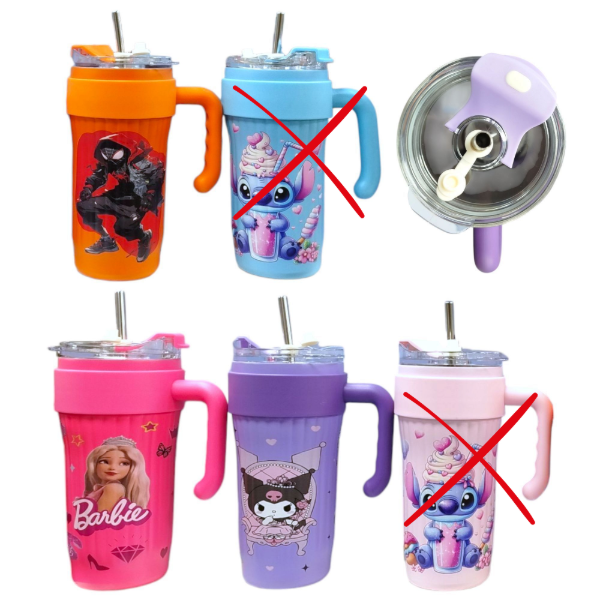 Vaso Térmico Acero Inoxidable 860ML Con Sorbete Y Manija Diseño Infantil G219B
