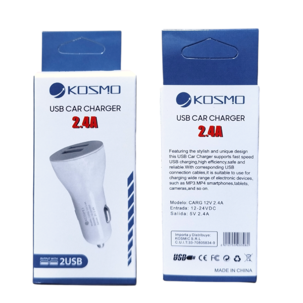 Cabezal De Cargador Para Auto 2 USB 2.4A Kosmo 12