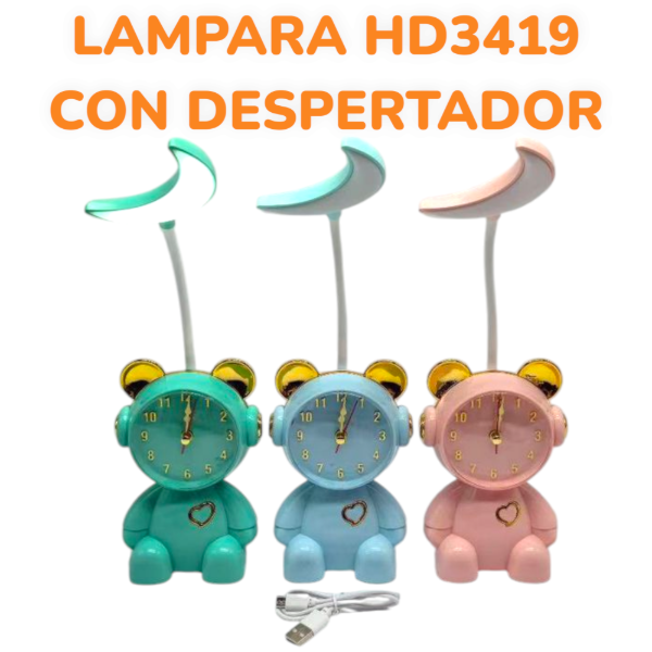 Lámpara Velador Recargable USB Con Despertador HD3419