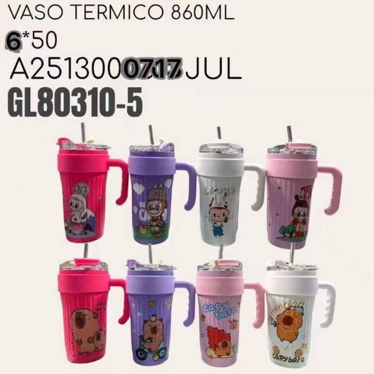 Vaso Térmico Acero Inoxidable 860ML Con Sorbete Y Manija Diseño Infantil 80