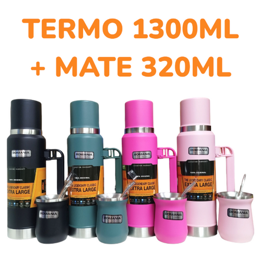 Termo Térmico Acero Inoxidable 1300ML Con Mate 320ML Y Bombilla Romania MT2404