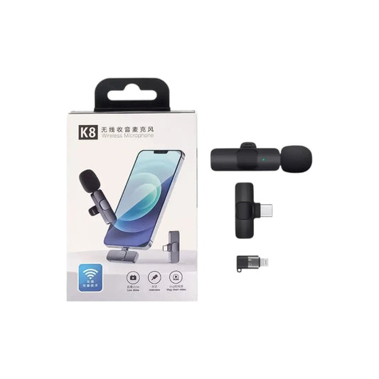 Microfono Corbatero Inalambrico K8 Tipo C + Adaptador Lighting Negro 115