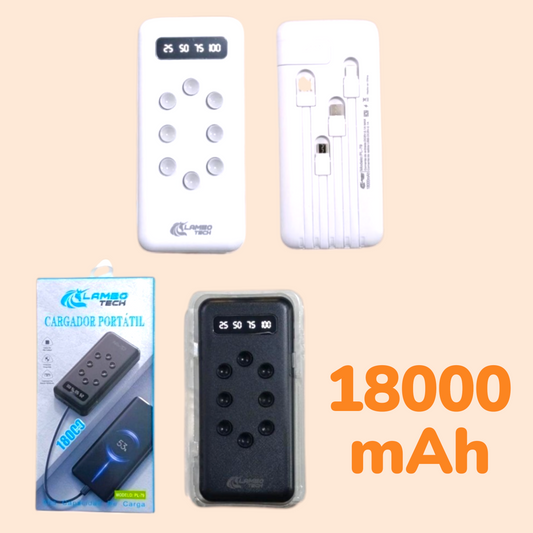 Cargador Portátil Power Bank 18000 mAh Con Sopapa 4 Cables PL-79