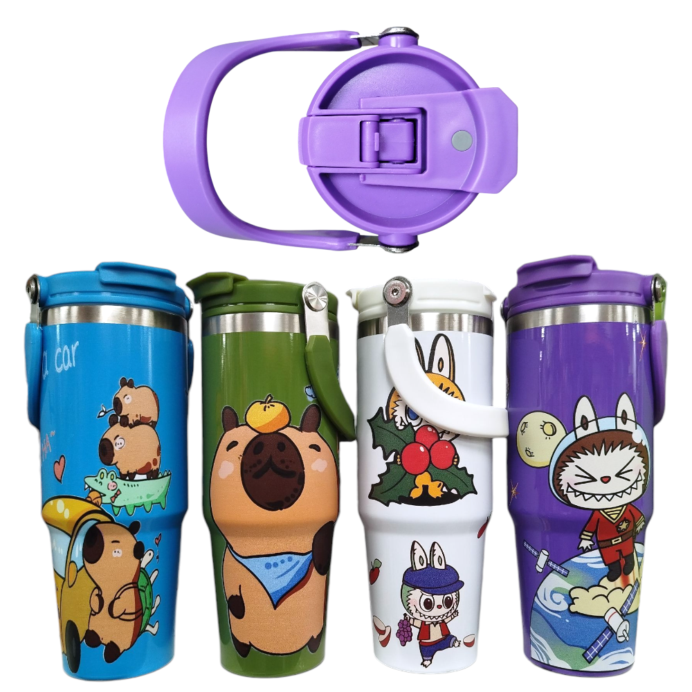 Vaso Termico Acero Inoxidable 890ML Con Sorbete Y Manija Diseño Infantil 111