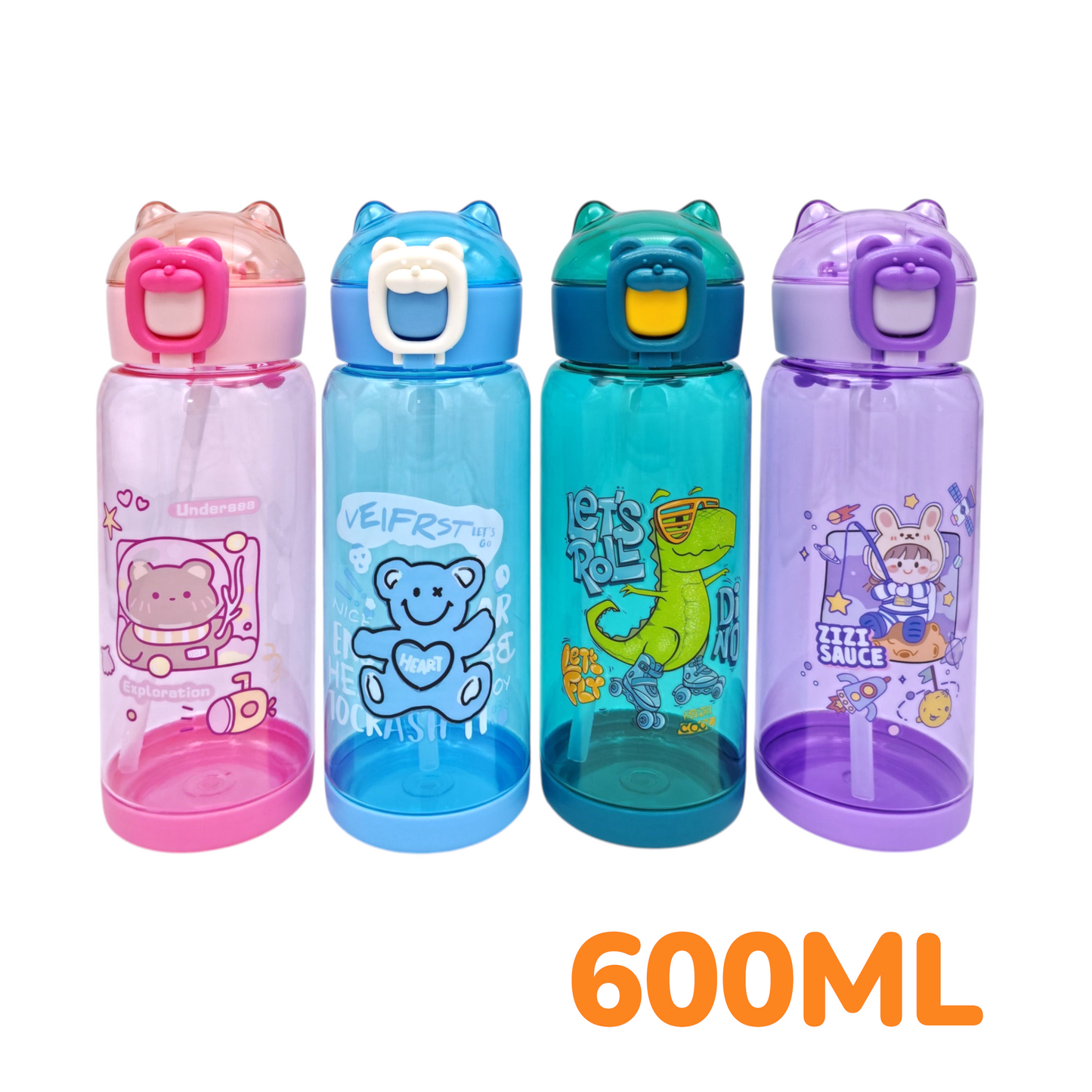 Botella Plástica Diseño Infantil 600ML Doble Tapa y Sorbete ER103