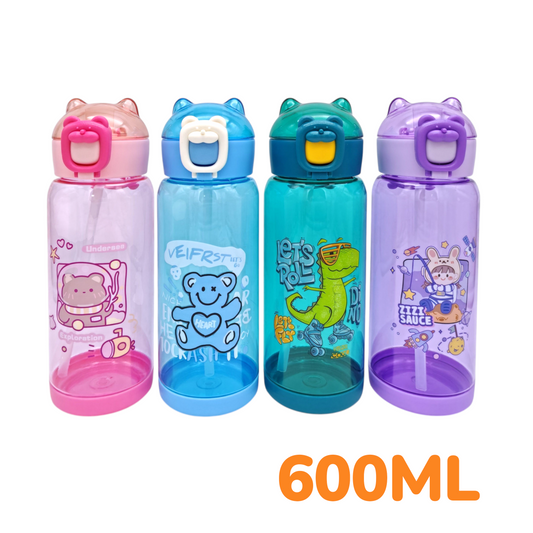 Botella Plástica Diseño Infantil 600ML Doble Tapa y Sorbete ER103