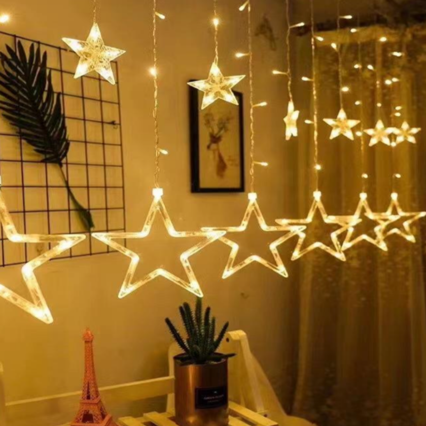 Cortinas De Luces Led Con 6 Estrella Y 6 Estrellita Cálida Enchufe 3M*50CM C-91010