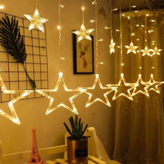 Cortinas De Luces Led Con 6 Estrella Y 6 Estrellita Cálida Enchufe 3M*50CM C-91010