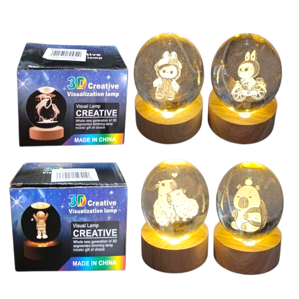 Lampara Velador Creativa Esfera De Cristal 3D Led USB Labubu Capibara JW253