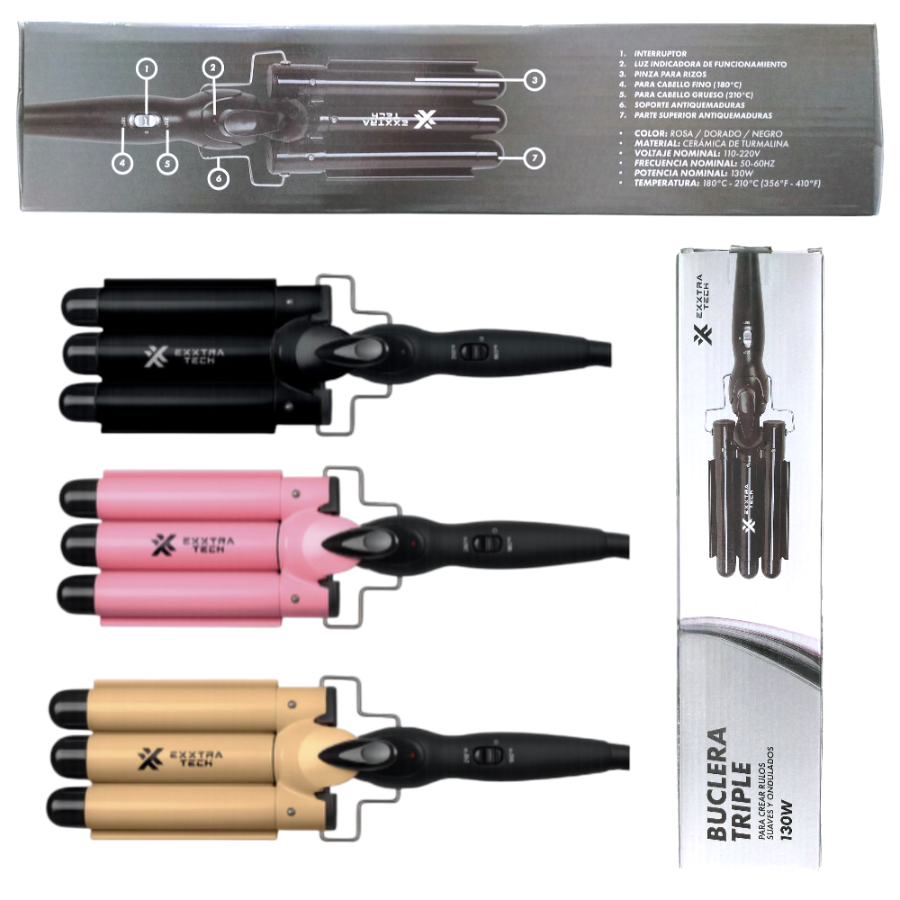 Buclera Triple De Pelo Para Crear Rulos Suaves Y Ondulados Exxtra Tech M-11