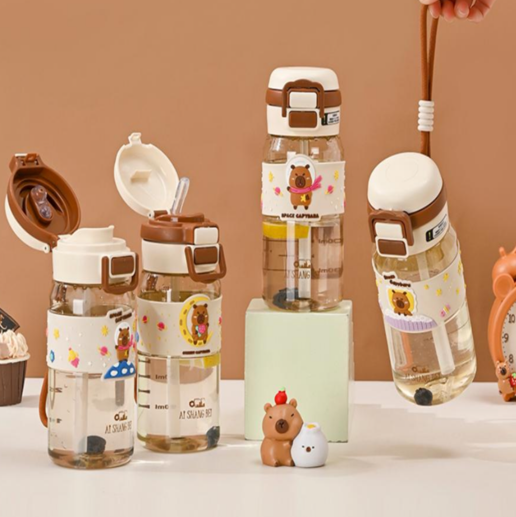 Botella Plástica 600ML Con Doble Pico Y Tirita Diseño Capibara 025B5