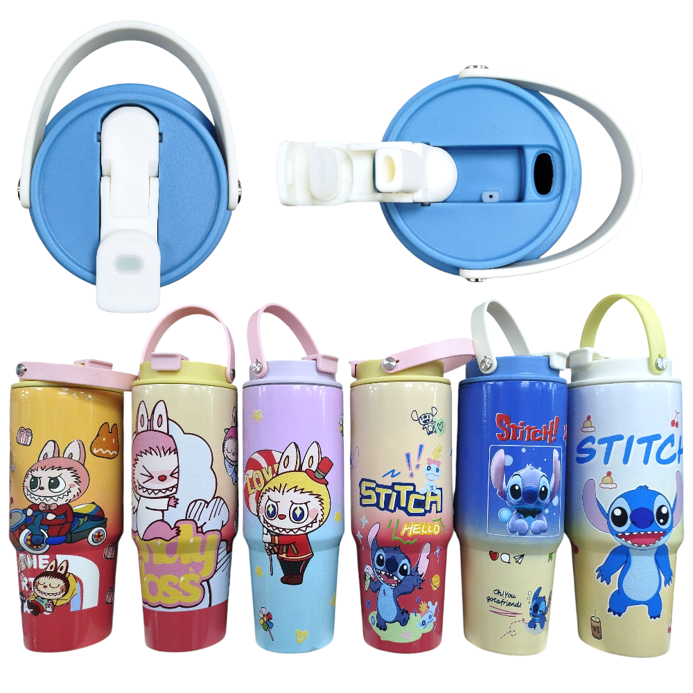 Vaso Termico Acero Inoxidable 900ML Con Sorbete Y Manija Diseño Infantil 1152